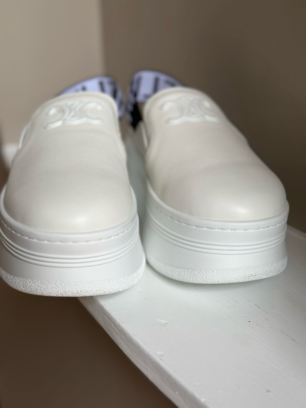 Celine White Leather Platform Slip-On with Black Logo Heel Strap - Picture 14 of 14